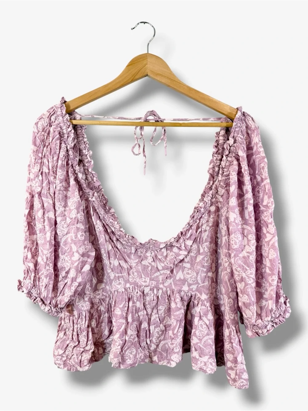 Intimately Free People Spring Soirée Pajama Top XL Purple Puff Sleeve Tie Back